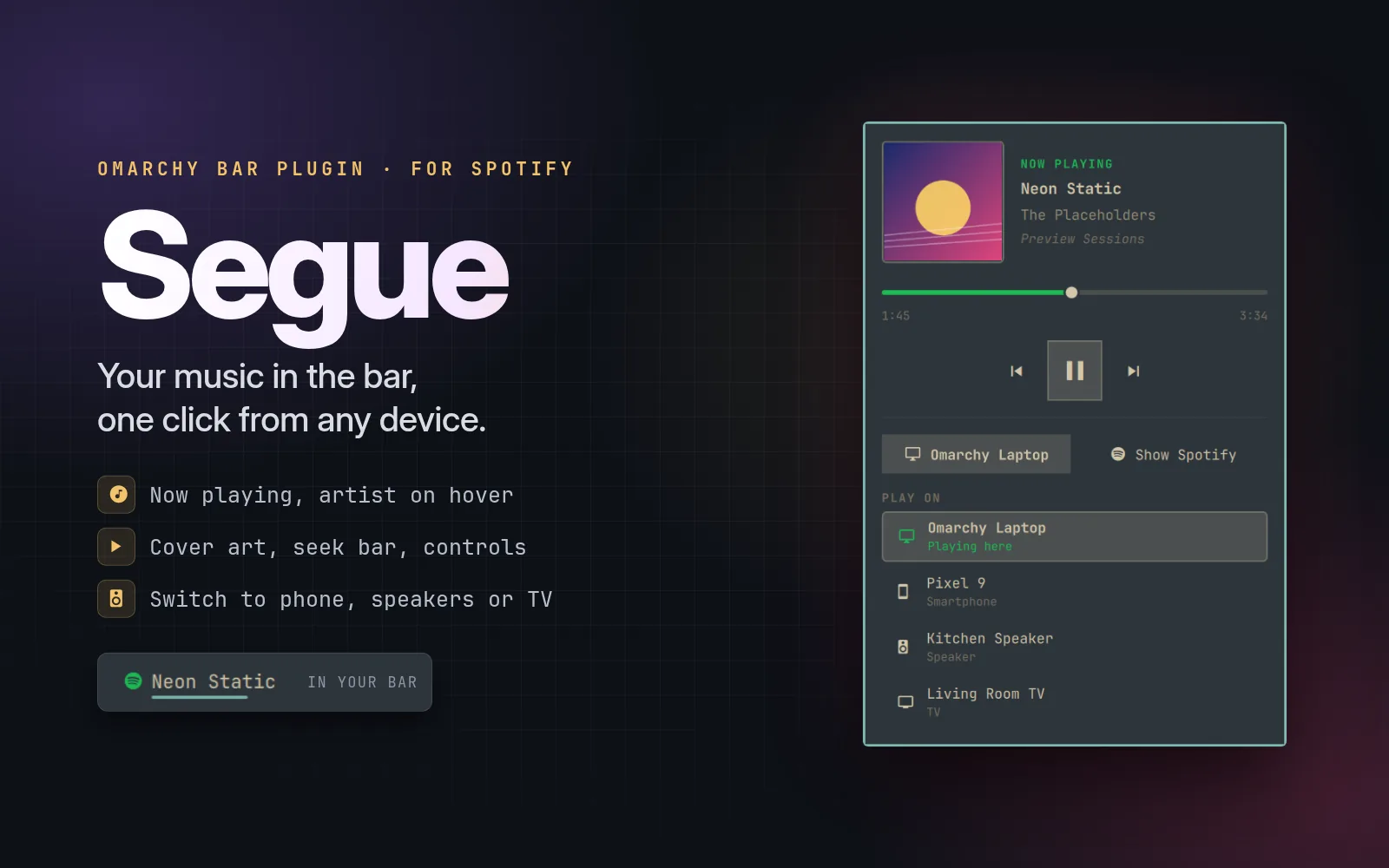 Segue's player panel under the Omarchy bar, with cover art, playback controls and a list of devices to play on