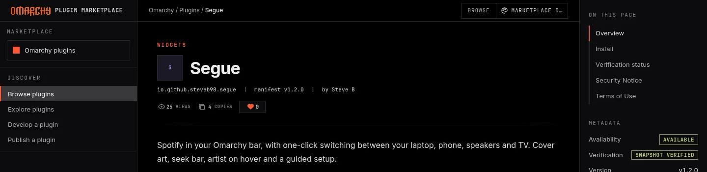 Segue's listing on the Omarchy plugin marketplace, marked Available and Snapshot Verified